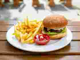 Burger with fries and ketchup