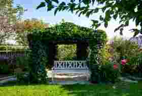 Garten mit Gartenbank und Rosen